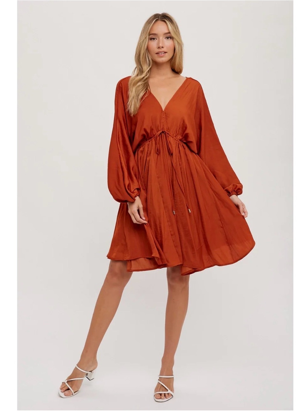 NWT Bluivy Rust V-Neck Tie Back Balloon Sleeve Mini Dress 100% Polyester Size S